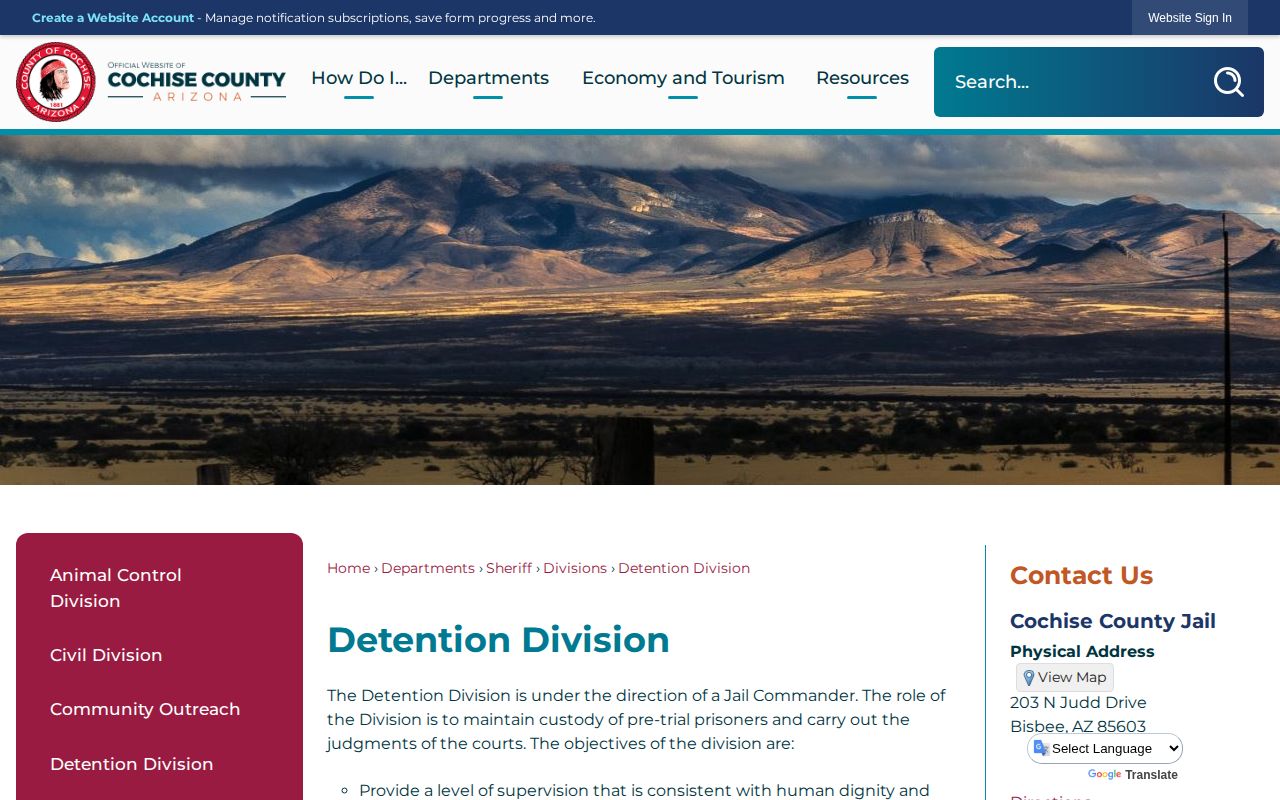 Cochise County Sheriff Detention Division facilities and contacts